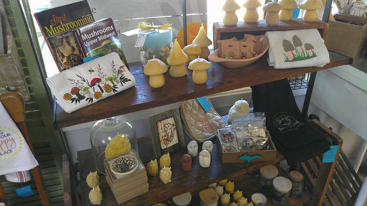 Handmade beeswax mushroom and pine tree candles