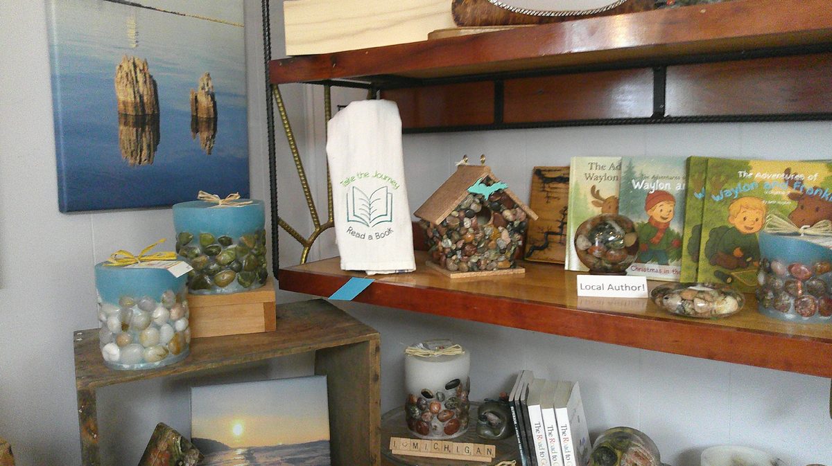 Local author books and Lake Superior stone crafts on the makers shelf